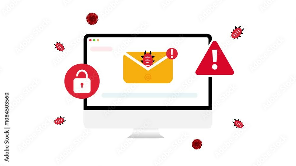 Poster virus in emails and spam concept 4k animation design with insect and message on screen. virus attack