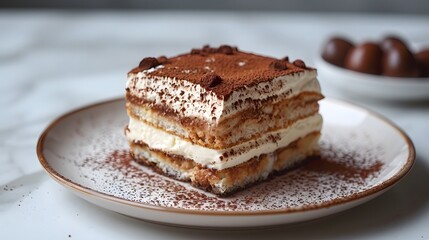 Classic tiramisu dessert slice with layers of mascarpone cream and coffee-soaked biscuits served on a plate. Studio photography of an Italian dessert concept