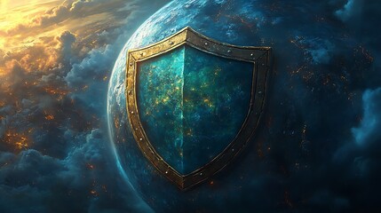 Fototapeta premium A large golden shield protects a glowing blue planet Earth with cityscape lights against a dramatic sky.