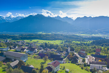 Fototapeta premium The Village of Düns in the Walgau Valley, State of Vorarlberg, Austria, Drone Photography