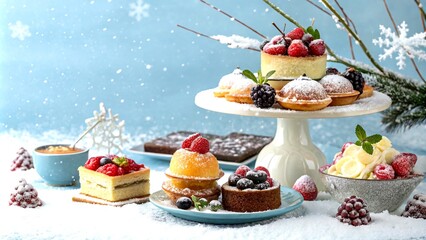 Obraz premium Snow-Covered Gourmet Delights on a Serene Blue Background: Captivating Food Photography Showcasing Seasonal Treats Amidst Gentle Falling Snowflakes