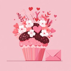 cute flowers in the shape of a cupcake with an envelope and chocolates for a Valentine's Day celebration, in a pink color scheme. a pink flower bouquet, a pink heart-shaped chocolate box