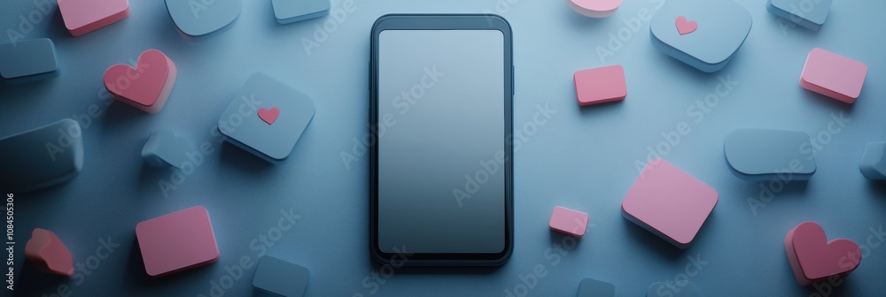 Poster A smartphone is displayed on a blue backdrop with various pop-up notifications showcasing likes, comments, and hearts all around it. Generative AI