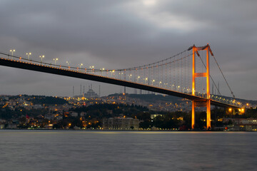 Obraz premium A view of the July 15 Martyrs Bridge. Sunset view from the Bosphorus Bridge on the Bosphorus. 