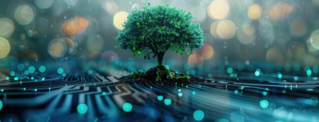 Tree in a futuristic setting, symbolizing the connection between nature and technology with a digital circuit background, reflecting a blend of greenery and technology