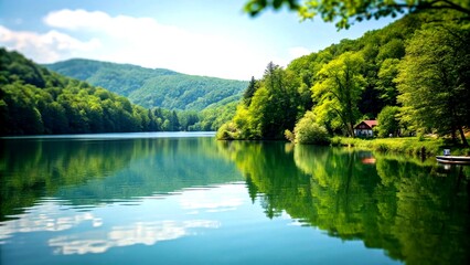 Obraz premium Soft Serene Reflections in a Tranquil Landscape Captured with Tilt-Shift Photography Techniques for a Dreamy Aesthetic in Nature Imagery