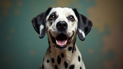 Playful dalmatian with joyful expression against a vibrant background during a cheerful moment