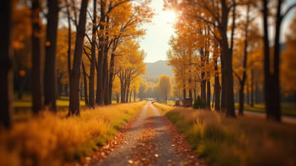 Autumn road lined with golden trees at sunset