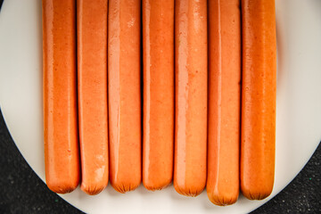 sausages meat pork, beef, chicken dish Fresh delicious gourmet food background on the table rustic food top view copy space