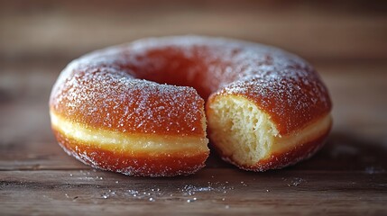 A freshly baked, glazed donut, cut in half, revealing its soft, fluffy interior. The donut is dusted with powdered sugar and sits on a rustic wooden table.