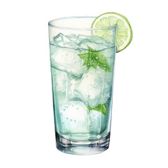 Refreshing Watercolor Illustration of a Mint and Lime Iced Drink in a Tall Glass