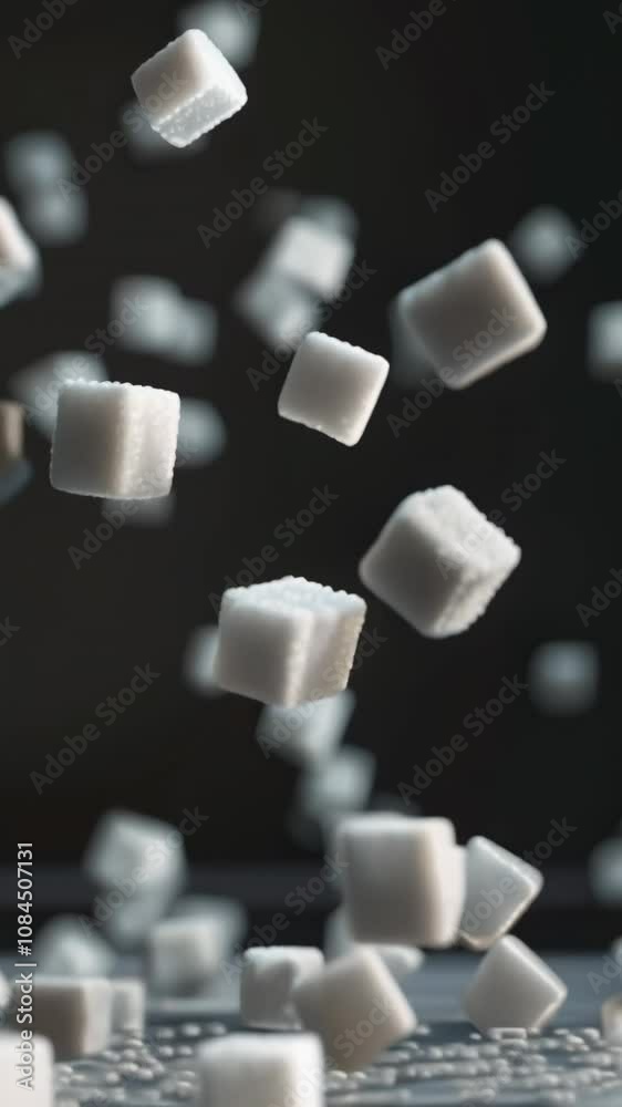 Leinwandbilder White sugar cubes falling against a dark background, landing on a layer of granulated sugar, creating a dynamic and visually appealing scene