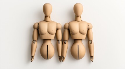 Two wooden artist mannequins with jointed limbs and featureless faces are positioned side by side on a neutral background.
