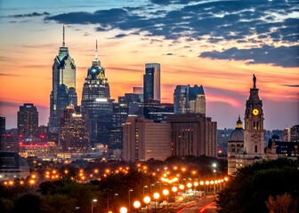 Obraz premium Stunning city skyline at dusk featuring vibrant lights and a captivating bokeh effect, showcasing the beauty of urban landscapes as night falls and the city comes alive.