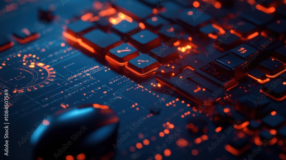 Aufkleber This visually striking setup features a backlit keyboard and a mouse with a gear icon, creating a modern tech atmosphere. Generative AI