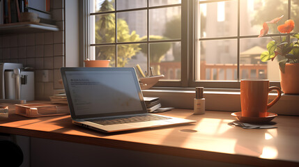 A 3D character drinking coffee at a modern kitchen counter, with sunlight streaming through the window and a laptop open nearby, capturing a relaxed morning routine.