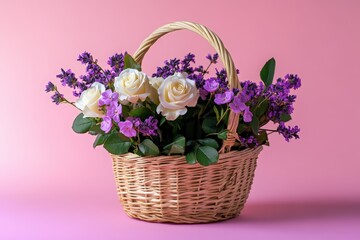 Flower Basket Day. Easter basket with roses and purple flowers on a pink background