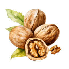 A cluster of walnuts in their shells, with leaves, one cracked open.