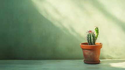 A terracotta pot holding a small, vibrant cactus sits on a light green surface