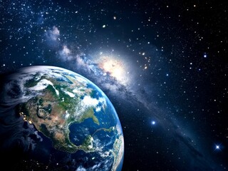 Stunning Panoramic View of Planet Earth Illuminated by Stars in a Cosmic Space Background, Showcasing the Beauty and Fragility of Our Blue Planet in the Vast Universe