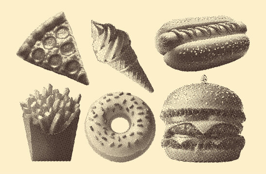 Fast food set, retro photocopy stipple effect style, halftone design. Burger, pizza, hot dog, ice cream cone, fries in a paper carton, a donut