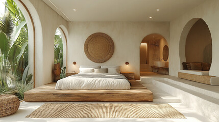 A serene modern minimalist bedroom interior, exuding minimalism and boho charm, featuring a harmonious blend of beige and ocher tones.