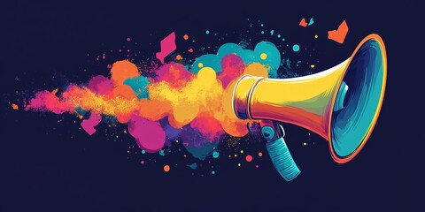 Vibrant Megaphone Releasing Colorful Sound Waves in a Creative Design on a Dark Background During a Lively Event Filled With Energy and Enthusiasm