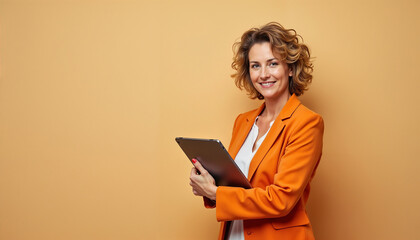 Portrait of a confident businesswoman wearing an orange blazer, holding a tablet against a matching background. The image conveys professionalism, positivity, and modern technology use.

