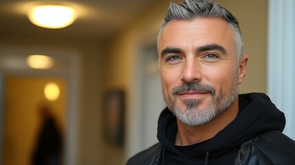 Obraz premium A well-groomed man with a charming smile poses indoors, wearing a modern black hoodie under a leather jacket. The setting is softly lit, enhancing the welcoming atmosphere