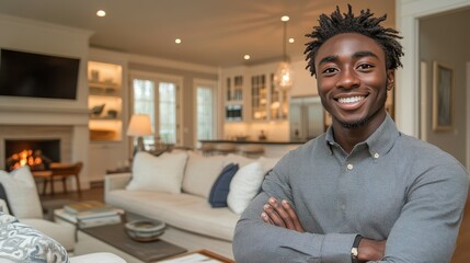 Fototapeta premium A young man stands smiling with his arms crossed in a bright and inviting living room. The space features comfortable furnishings and a welcoming atmosphere