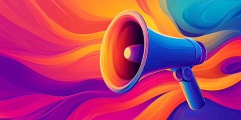 A Vibrant Megaphone Emitting Sound Waves in an Abstract Background of Colorful Swirls, Depicting Communication and Expression in Modern Art
