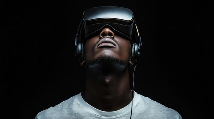Fototapeta premium Portrait of African guy isolated on black background wearing headset of virtual reality