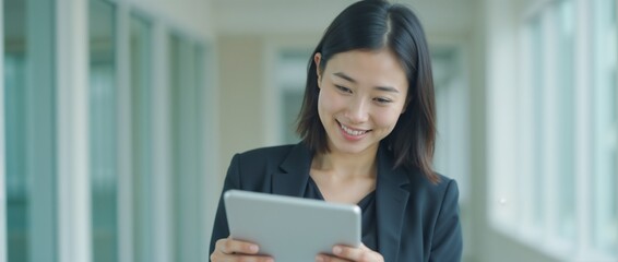 Obraz premium A confident businesswoman stands by the window in a modern office, focused on her tablet. She wears a stylish black suit, embodying professionalism and concentration.