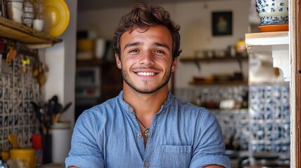 Fototapeta premium A young man stands in a charming kitchen, exuding a warm smile. The background features a mix of cooking utensils and colorful decor, creating an inviting space full of character