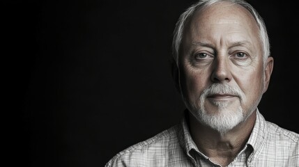 Obraz premium An elderly man with a white beard and a plaid shirt gazes directly at the camera, exuding wisdom and tranquility, illuminated against a dark backdrop in a studio setting