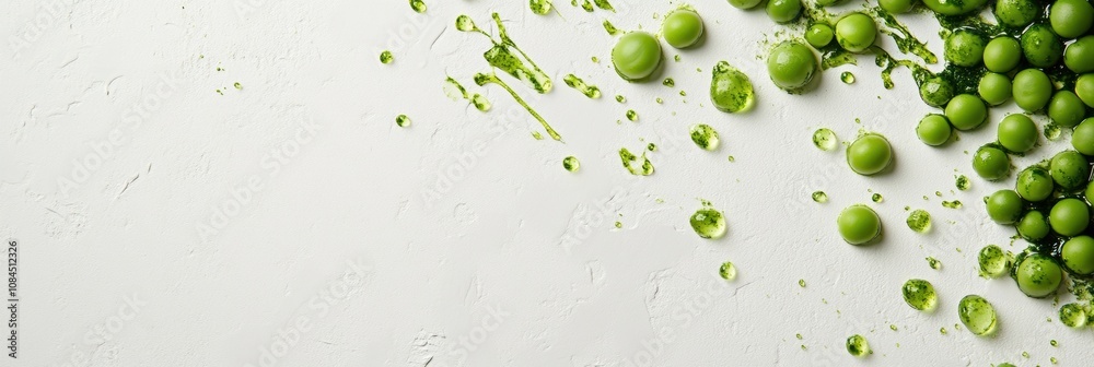 Poster bright green peas and refreshing juice drops are artfully arranged on a white background, creating a