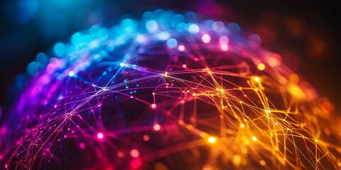 Obraz premium Colorful Abstract Representation of Interconnected Nodes Forming a Global Network With Vibrant Lights and Patterns, Showcasing Digital Technology and Innovation in a Modern Context