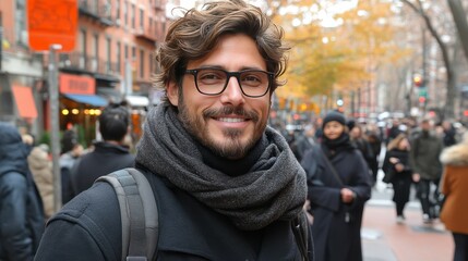 Obraz premium The young man, dressed in a cozy scarf and casual attire, enjoys a vibrant autumn day as he strolls through a bustling city street with people all around him