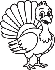 Line Drawing of a Happy Turkey Standing Proudly in a Field with Displayed Feathers - Cheerful Turkey Design

