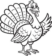 Line Drawing of a Happy Turkey Standing Proudly in a Field with Displayed Feathers - Cheerful Turkey Design

