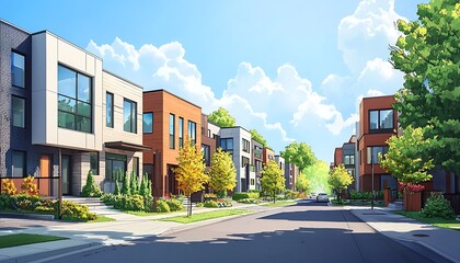 Obraz premium Beautiful street featuring modern residential buildings on a sunny day.