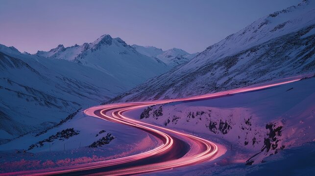 The winding mountain High Alpine Road Pass at night with light tracks from cars, Grossglockner High alpine road, Austria