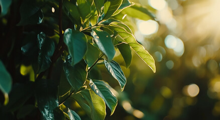 Close-up of green leaves illuminated by sunlight