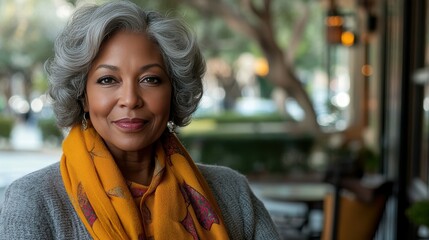 Fototapeta premium A woman with elegant gray hair and a bright yellow scarf stands outside a bustling cafe, smiling with confidence as people walk by. The vibrant atmosphere captures the essence of community
