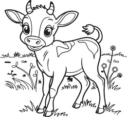 Playful Calf with Two Small Horns Coloring Book Vector - Cute Baby Cow Design for Kids

