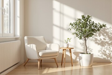 Fototapeta premium Cozy Minimalist Living Room Corner with Modern Furniture and Indoor Plants