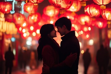 A young couple in lantern festival in street to celebrate Chinese lunar new year. 