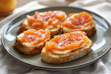 Delicious Canapés with Cream Cheese and Smoked Salmon on Rustic Bread