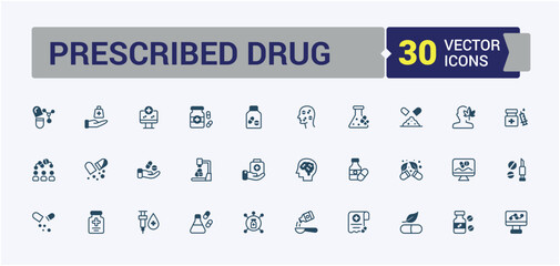 Prescribed Drug thin line icon set. Includes icons for syrup, pain, tablet, chemistry, capsule and more. Thin outline icons pack. Solid line editable vector illustration.