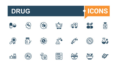Drug icons in linear and solid style. Containing medication, spray, research, capsule, health, capsule, and more. Outline symbol collection. Outline and solid pictogram.